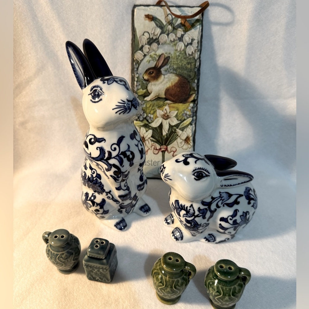 Blue and White Ceramic Rabbit Figurines